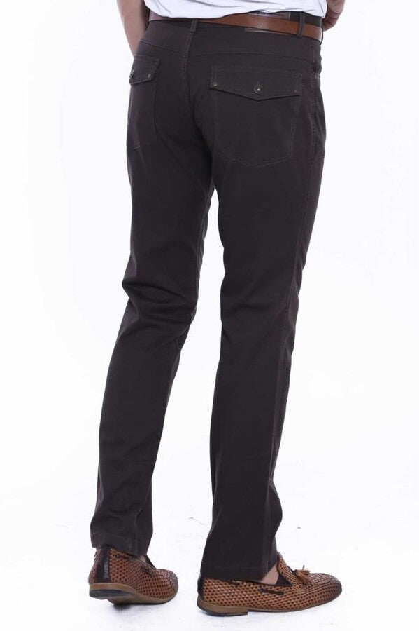 WSS Suede Pocket Flap Plain Cotton Dark Brown Men Trousers  - Singen