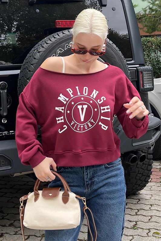 MDX Burgundy Boat Neck Printed Women's Sweatshirt MG2205 - Vaslui