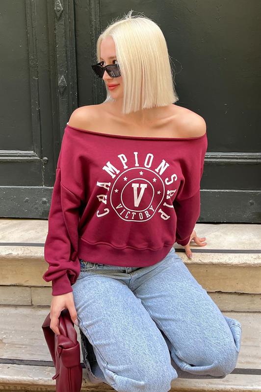 MDX Burgundy Boat Neck Printed Women's Sweatshirt MG2205 - Vaslui