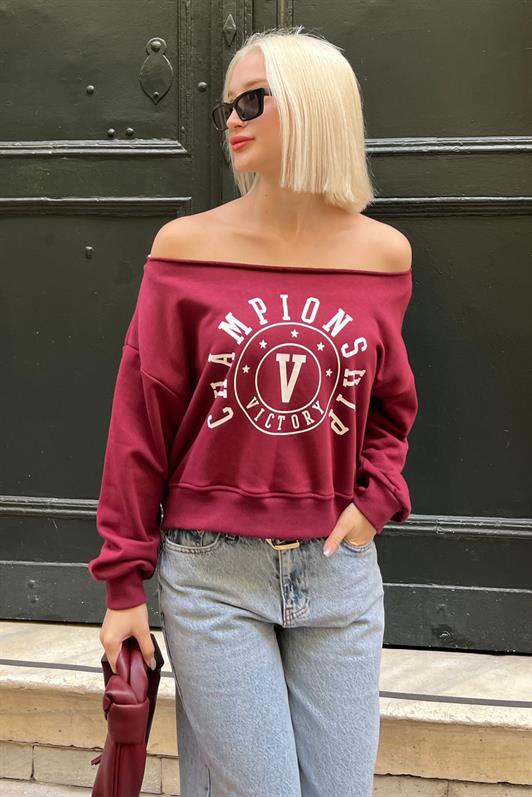 MDX Burgundy Boat Neck Printed Women's Sweatshirt MG2205 - Vaslui