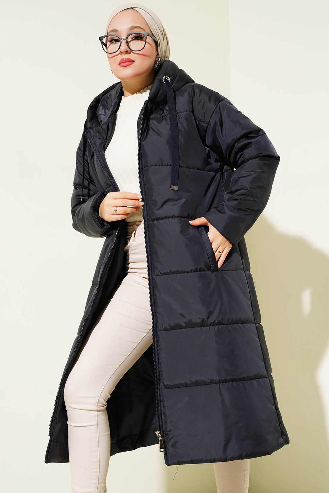 BGD Women T5120 Hooded Long Puffer Hijab Coat - Navy - Avondale