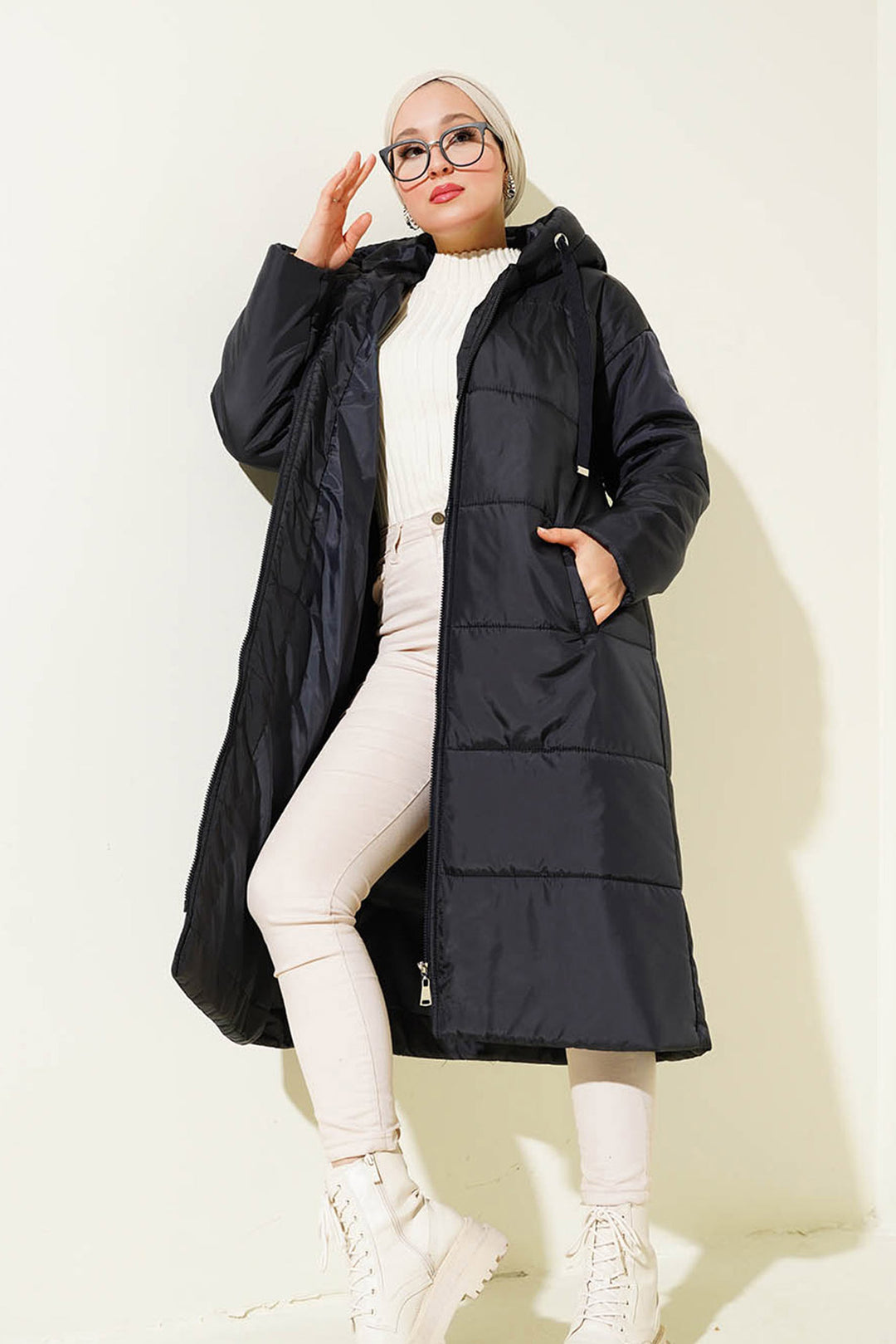 BGD Women T5120 Hooded Long Puffer Hijab Coat - Navy - Avondale