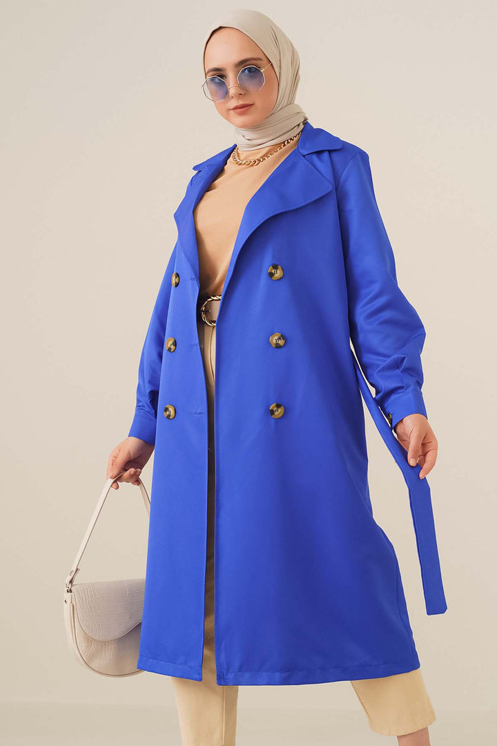 BGD Women T5853 Double-Breasted Collar Hijab Trench Coat - Blue - Avondale