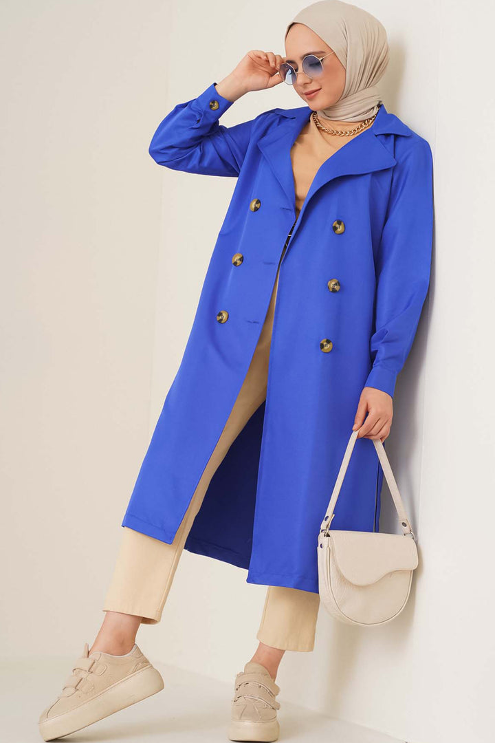 BGD Women T5853 Double-Breasted Collar Hijab Trench Coat - Blue - Avondale