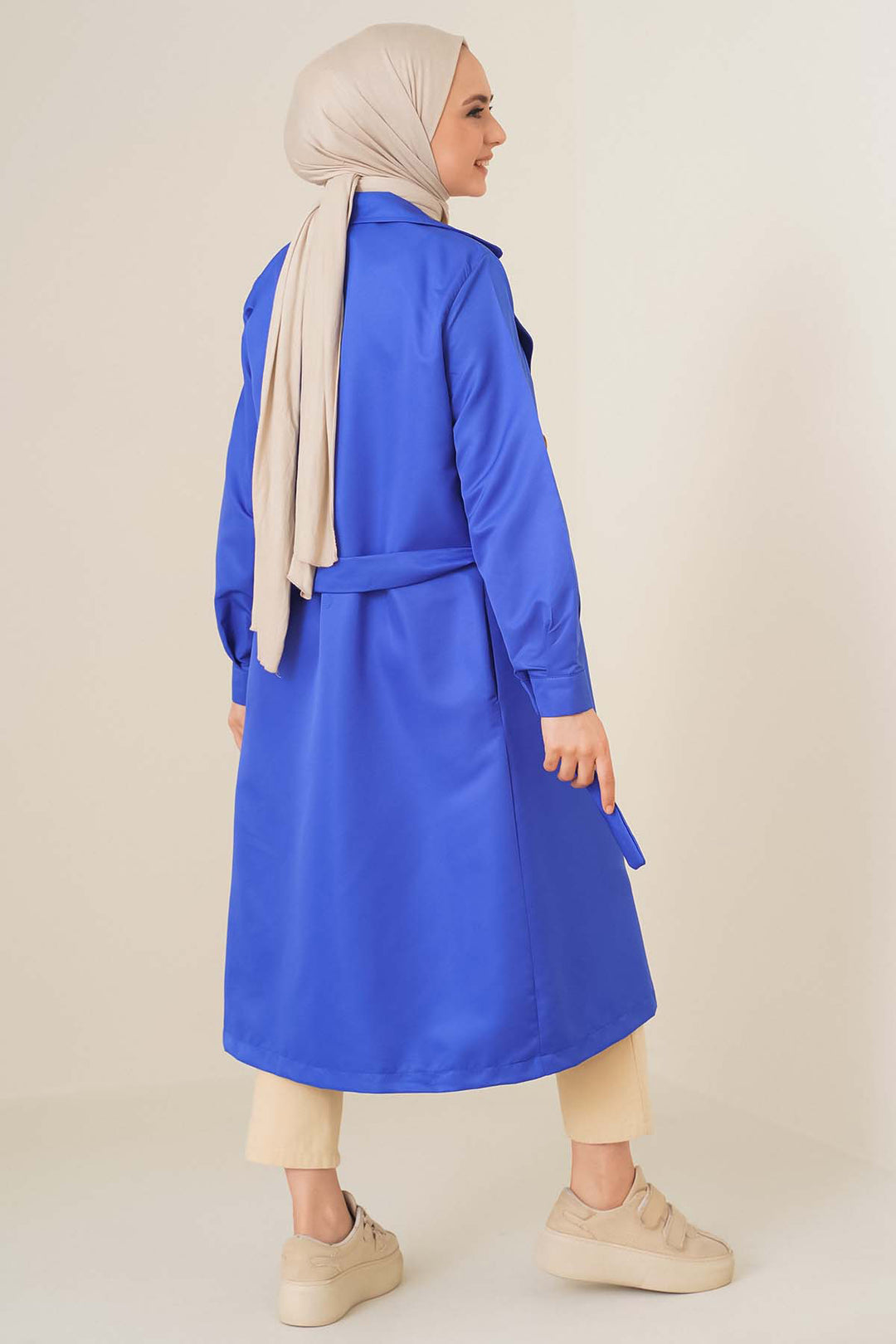 BGD Women T5853 Double-Breasted Collar Hijab Trench Coat - Blue - Avondale