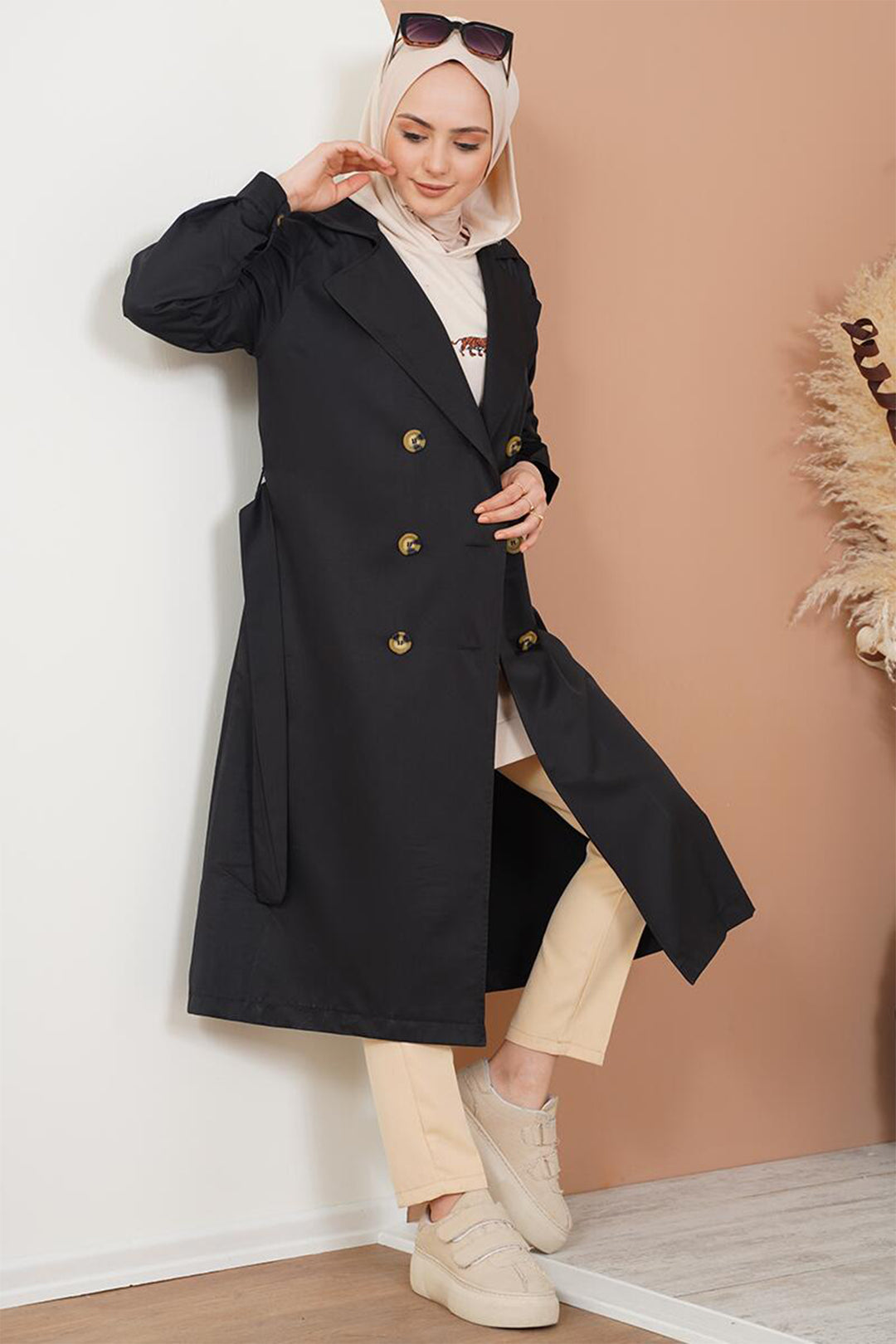 BGD Women T5853 Wrap Neck Hijab Trench Coat - Black - Avondale