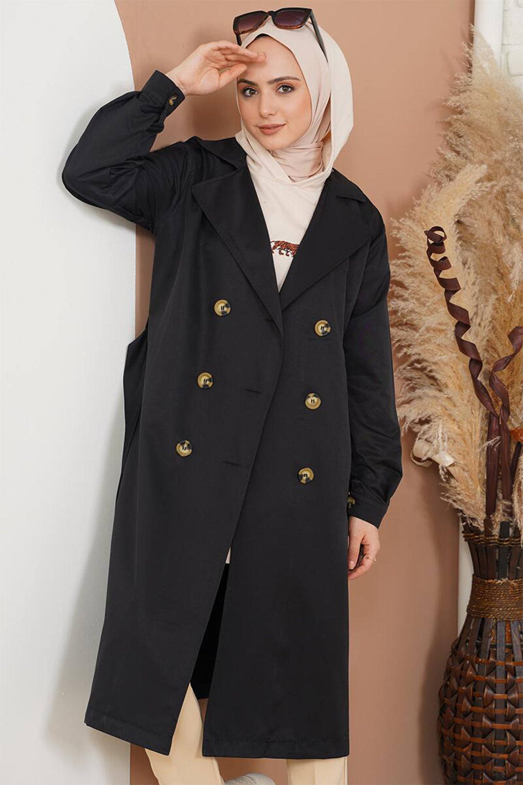 BGD Women T5853 Wrap Neck Hijab Trench Coat - Black - Avondale