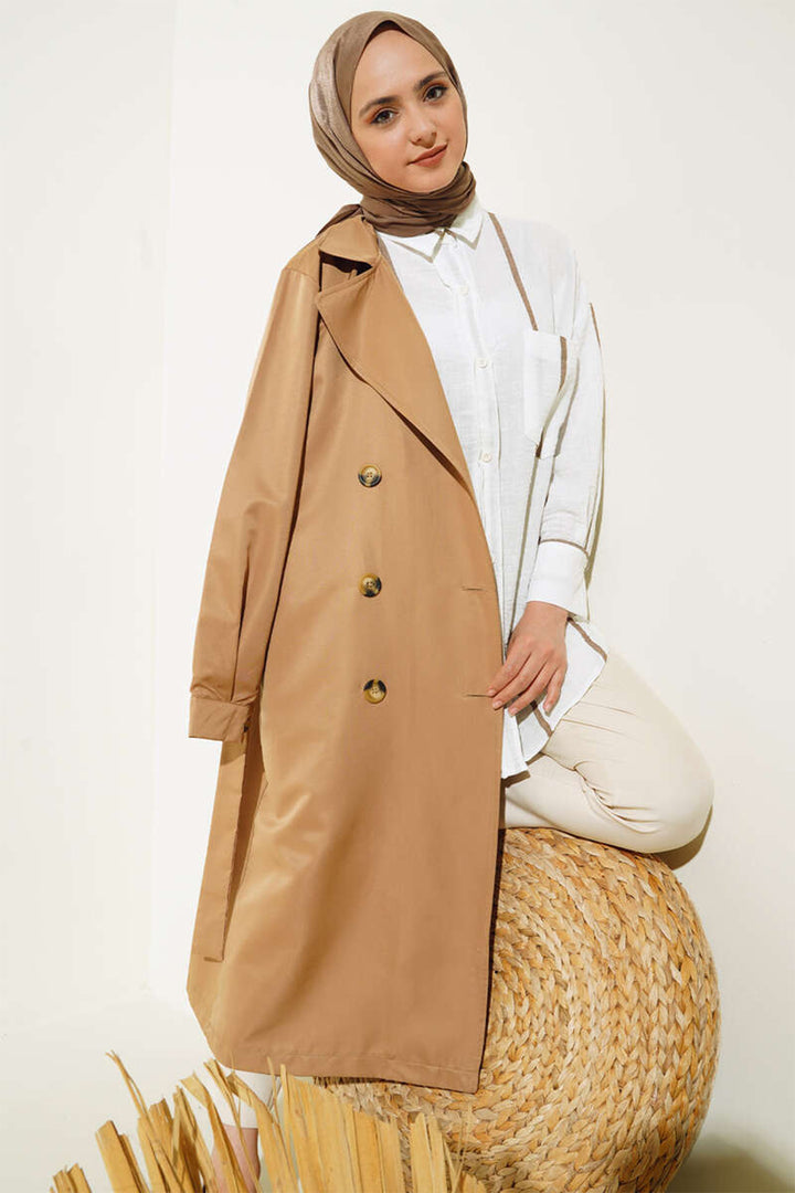 BGD Women T5853 Wrap Neck Hijab Trench Coat - Brown - Avondale