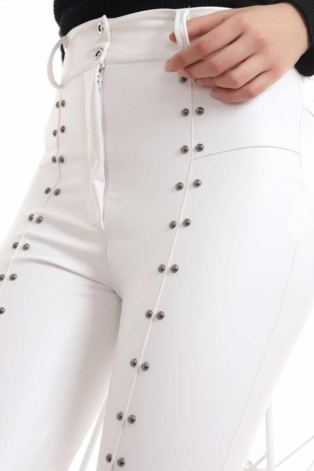 ELS Stone-Embellished Leather Leggings - White - Redditch