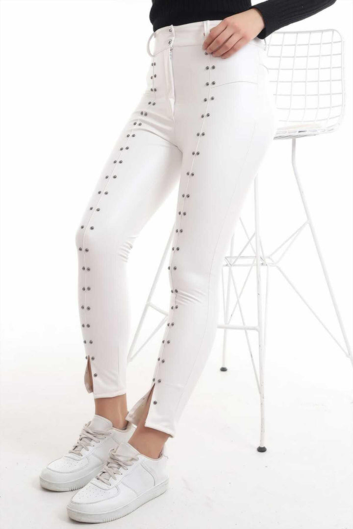 ELS Stone-Embellished Leather Leggings - White - Redditch