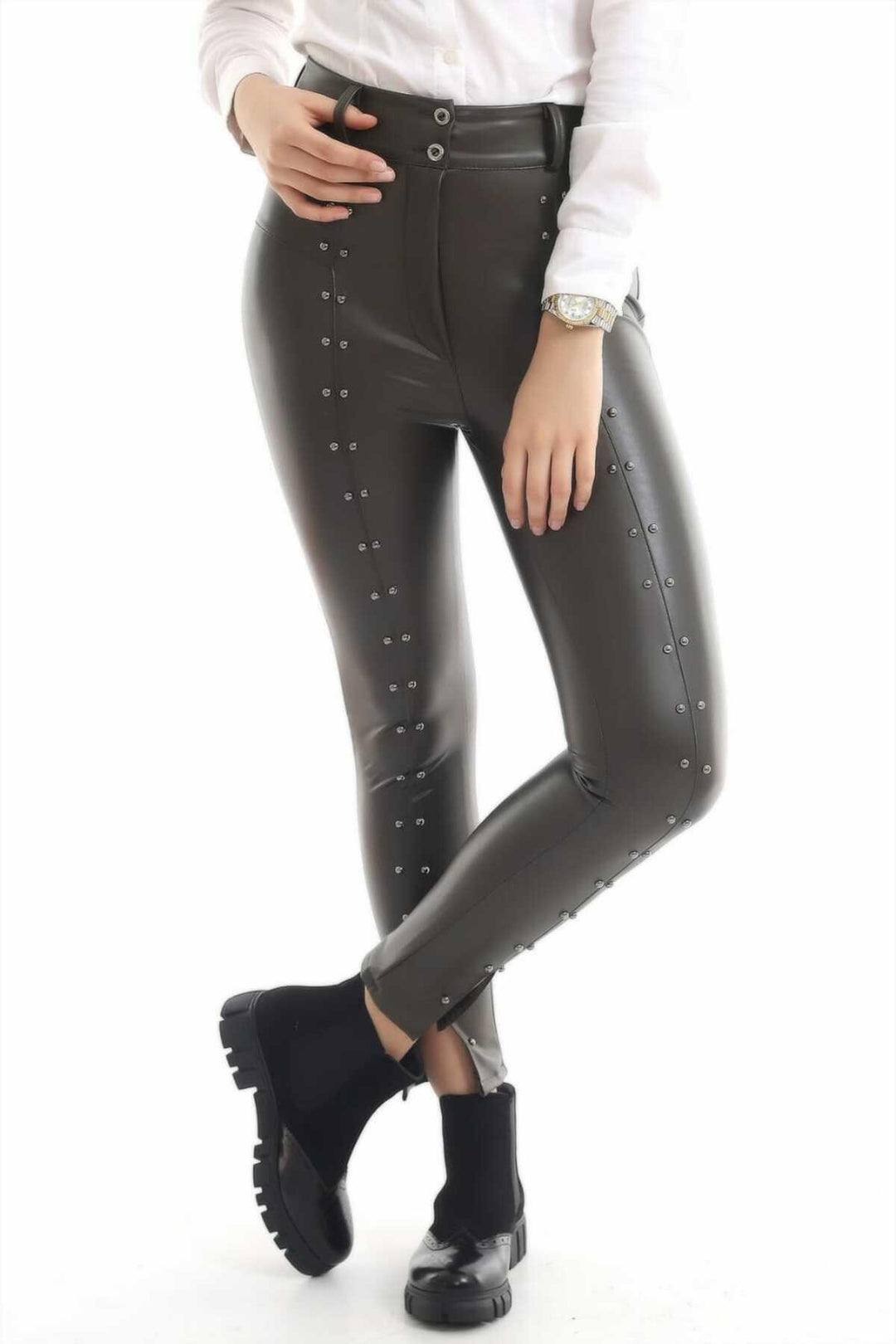 ELS Stone-embellished Leather Leggings - Khaki - Las Vegas