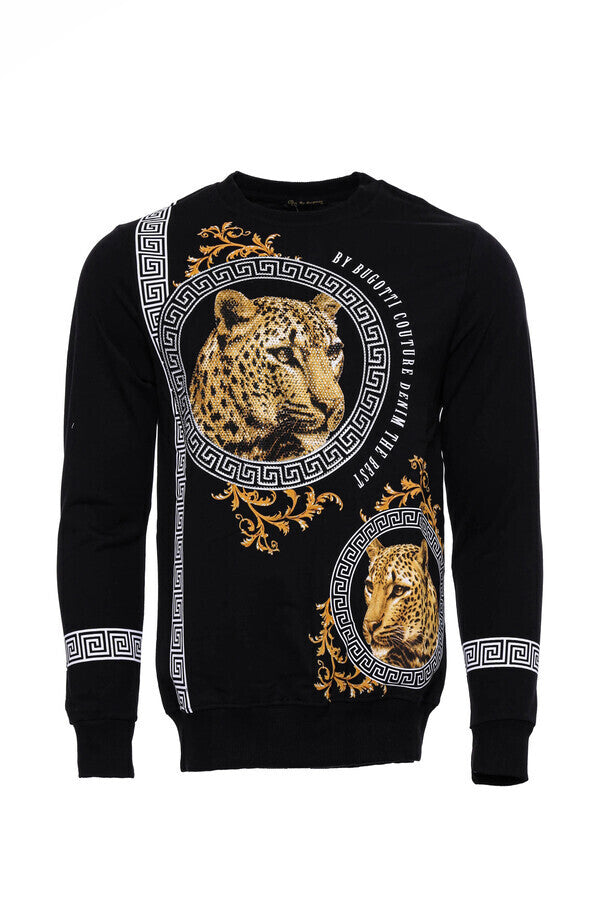 WSS Hooded Silver Grey Tiger Patterned Black Slim Fit Sweatshirt  - Singen