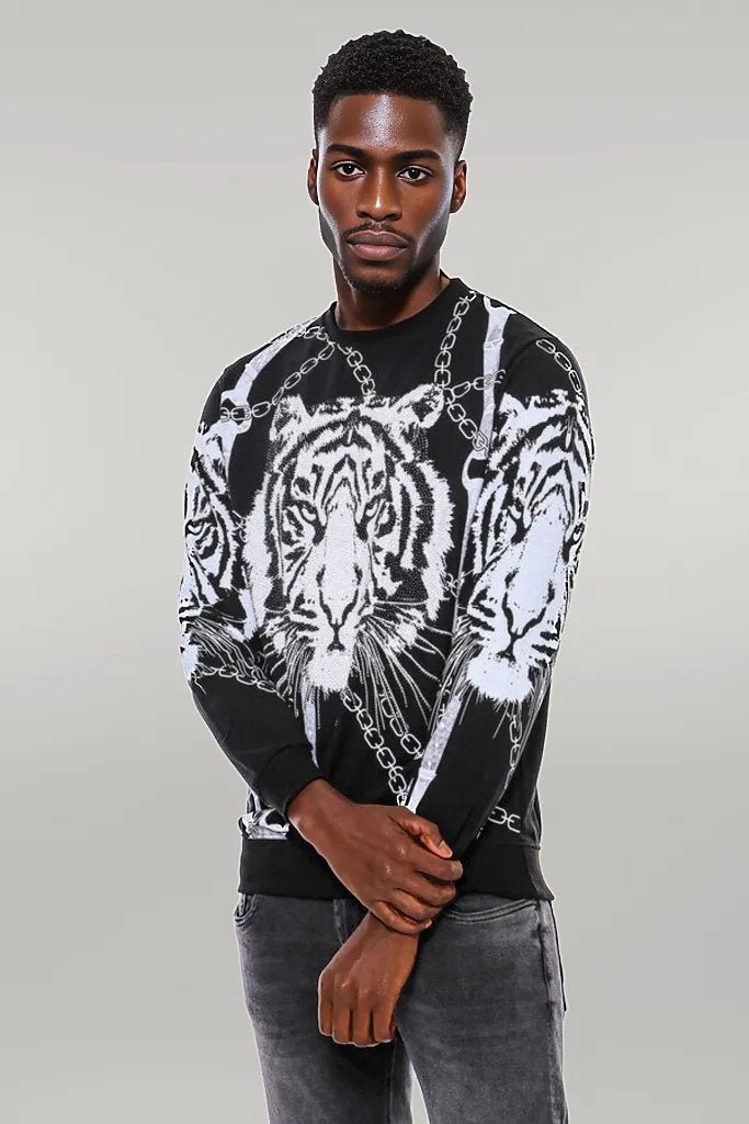 WSS Tiger Patterned Slim Fit Black Sweatshirt  - Singen