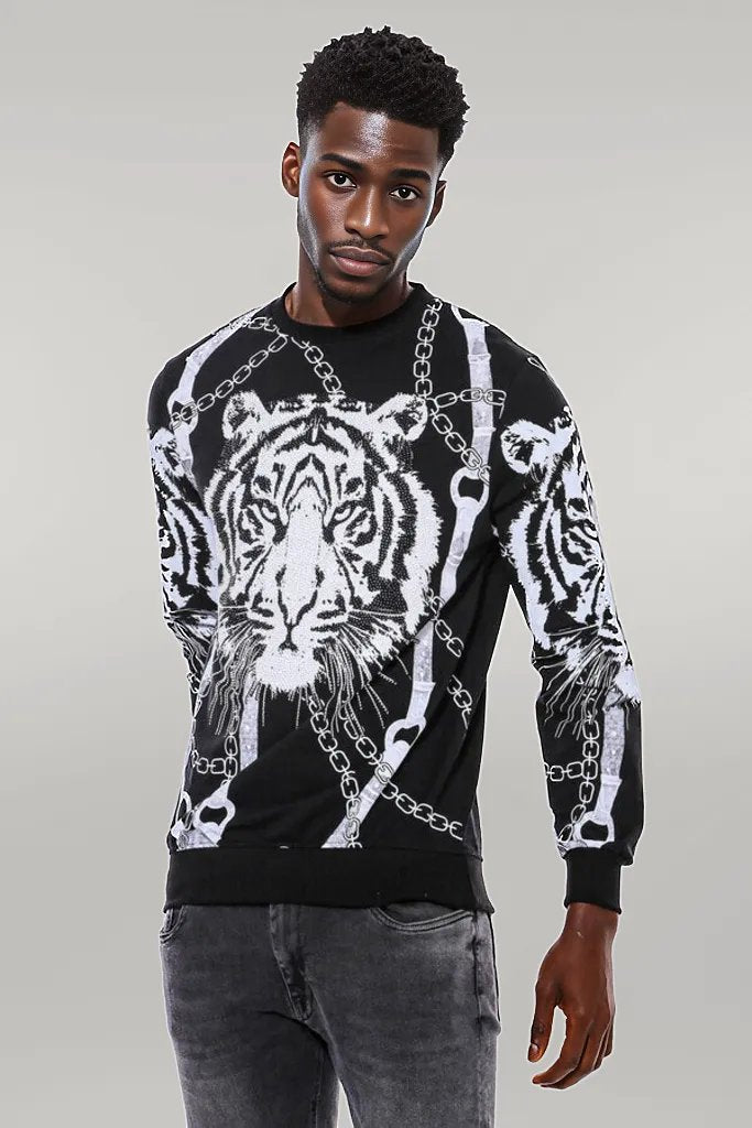 WSS Tiger Patterned Slim Fit Black Sweatshirt  - Singen