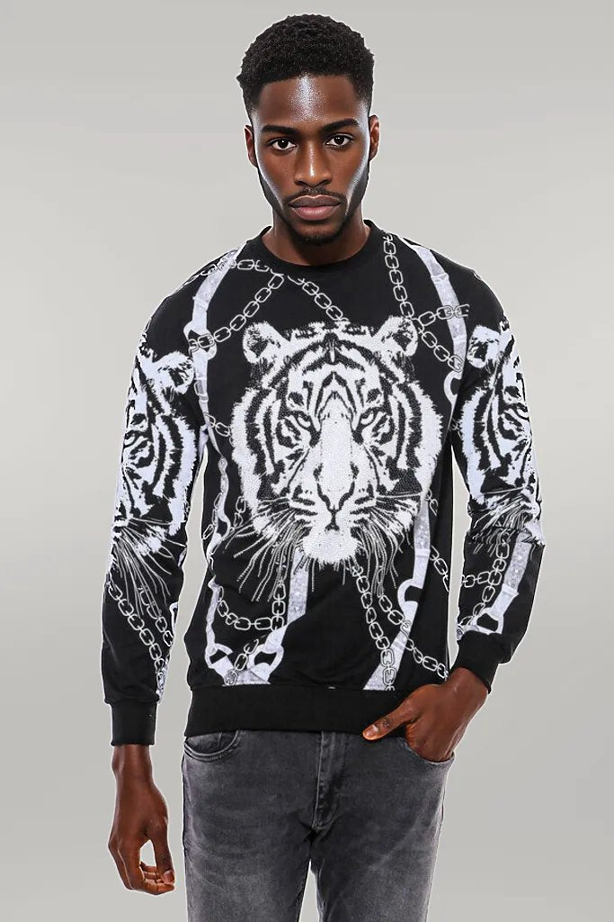 WSS Tiger Patterned Slim Fit Black Sweatshirt  - Singen