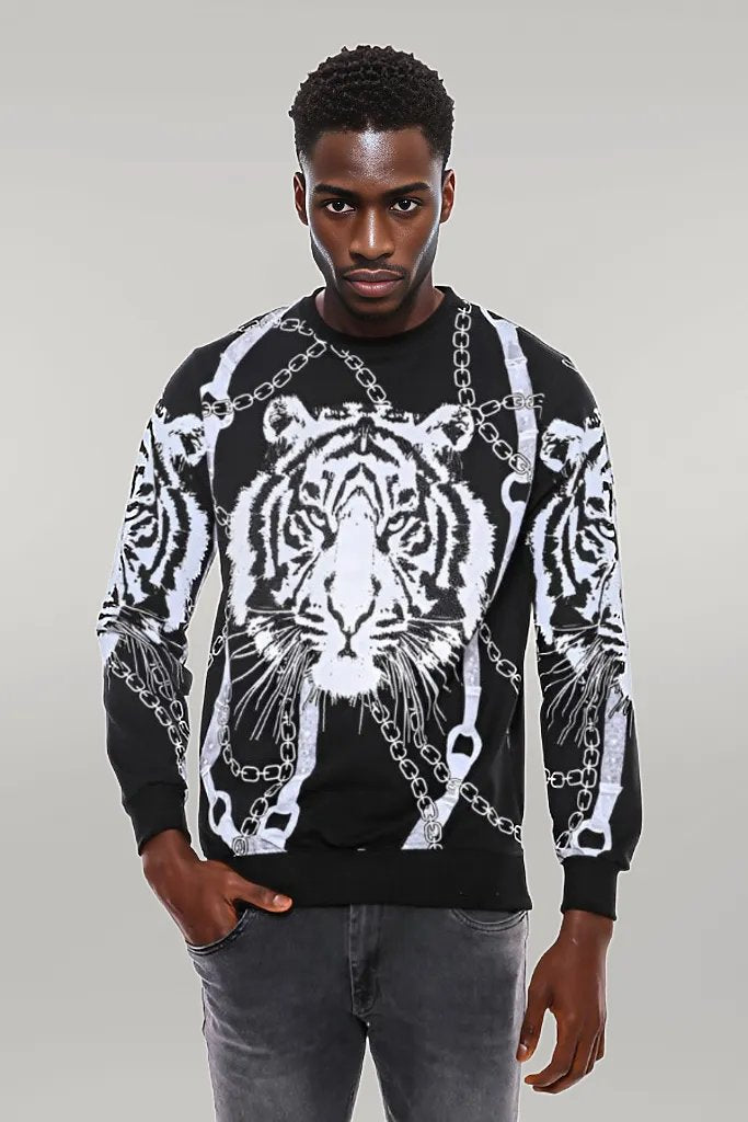 WSS Tiger Patterned Slim Fit Black Sweatshirt  - Singen