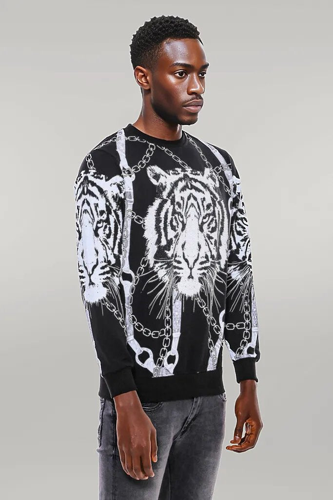 WSS Tiger Patterned Slim Fit Black Sweatshirt  - Singen