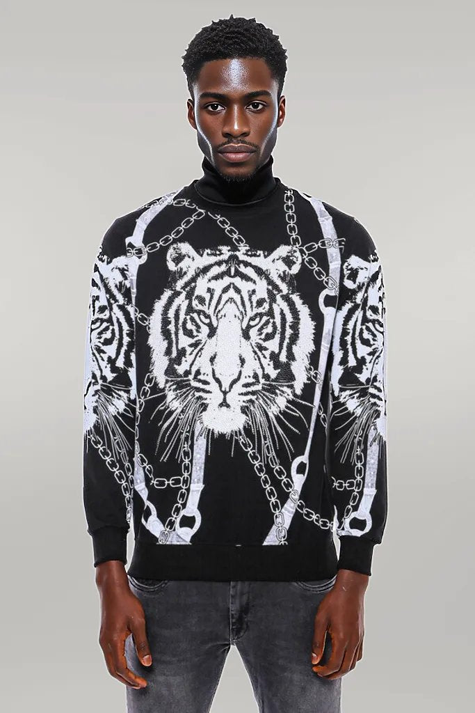 WSS Tiger Patterned Slim Fit Black Sweatshirt  - Singen