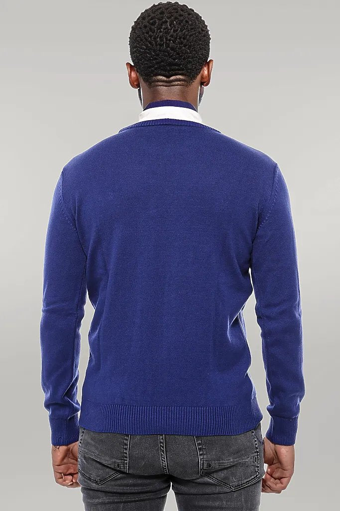 WSS Navy Blue Crew Neck Seckered Plain Knitwear - Singen