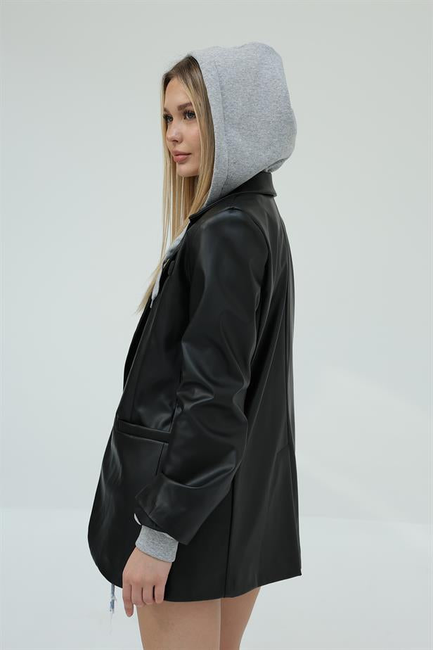 RYN Hooded Leather Blazer - Black - Melitopol