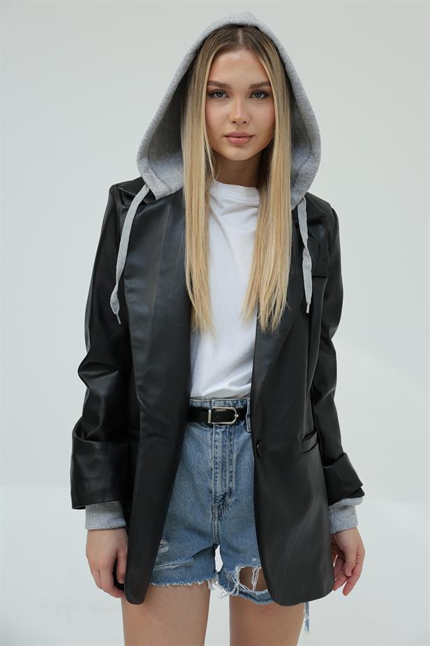 RYN Hooded Leather Blazer - Black - Melitopol