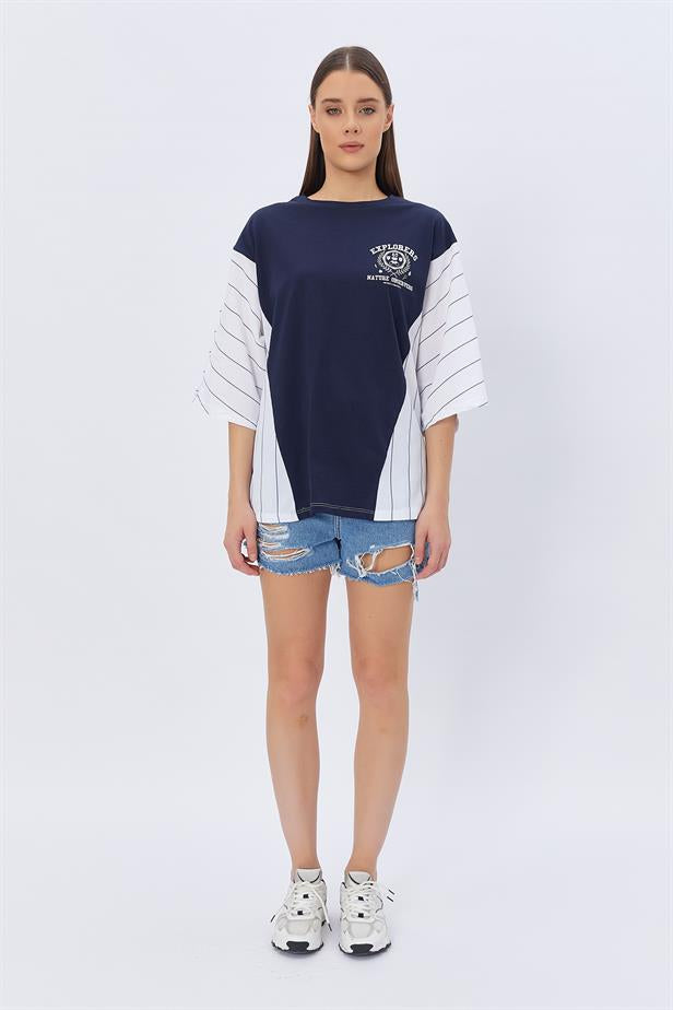 RYN Contrast Printed T-shirt - NAVY - Palm Bay