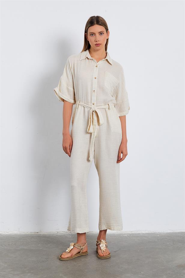 RYN Front Buttoned Belted Jumpsuit - NATÜR - Lawrence