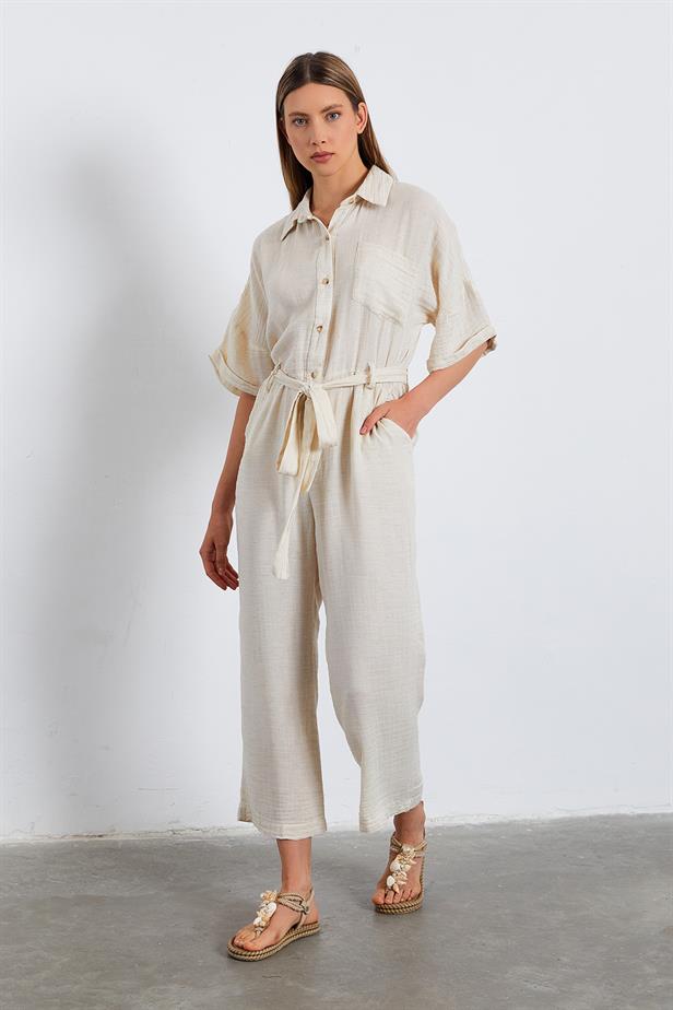 RYN Front Buttoned Belted Jumpsuit - NATÜR - Lawrence