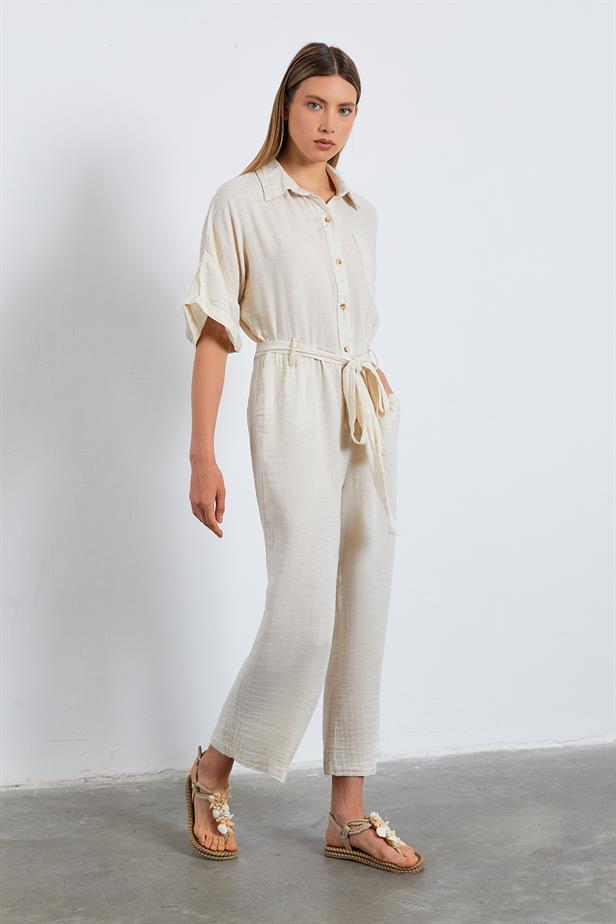 RYN Front Buttoned Belted Jumpsuit - NATÜR - Lawrence