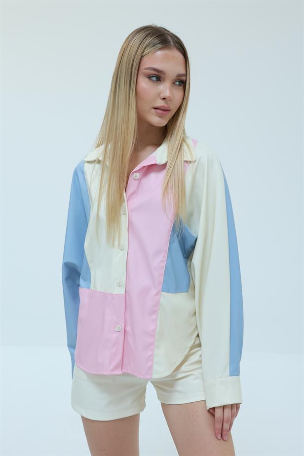 RYN Patchwork Leather Shirt - Blue-Ecru-Pink - Fountain Valley