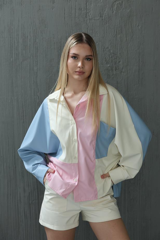 RYN Patchwork Leather Shirt - Blue-Ecru-Pink - Fountain Valley