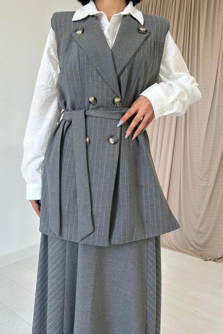 ELS Long Striped Vest and Skirt Set - Gray - Ipswich