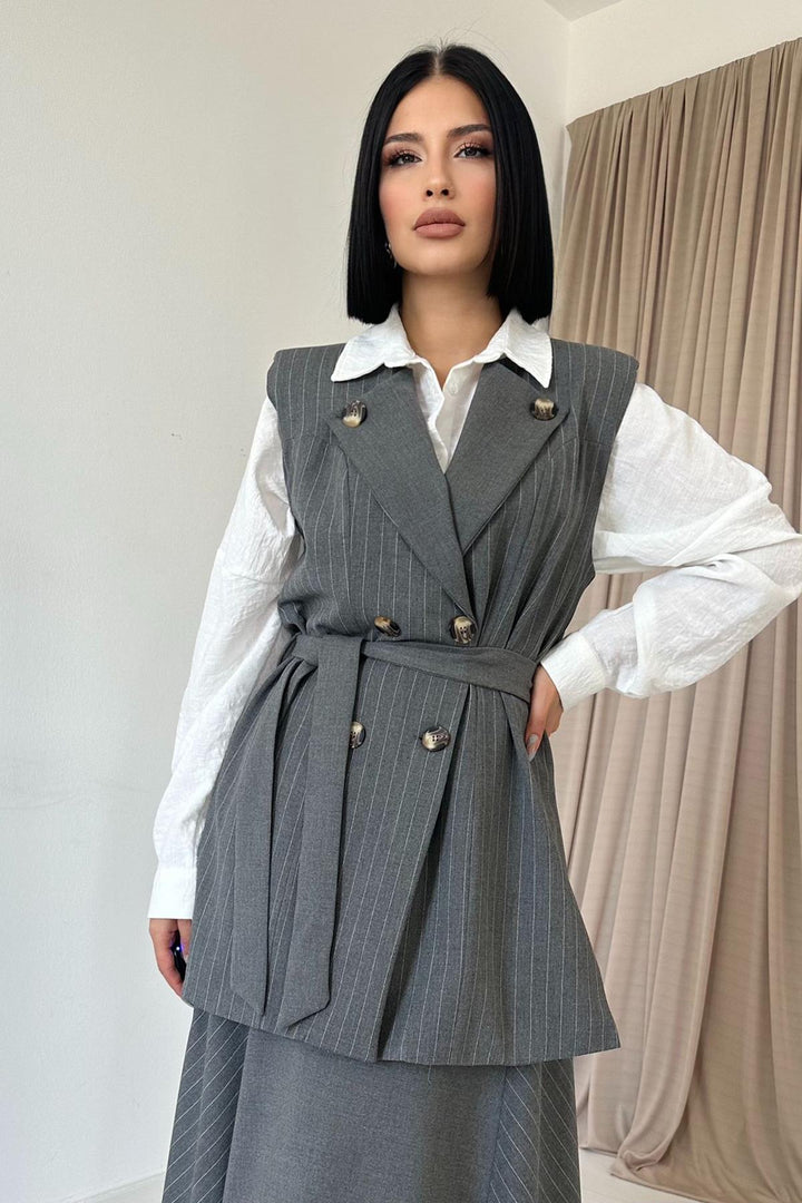 ELS Long Striped Vest and Skirt Set - Gray - Ipswich