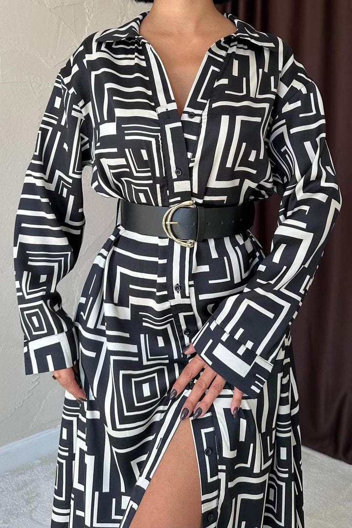 ELS Long Shirt Patterned Dress - Black - Carrara