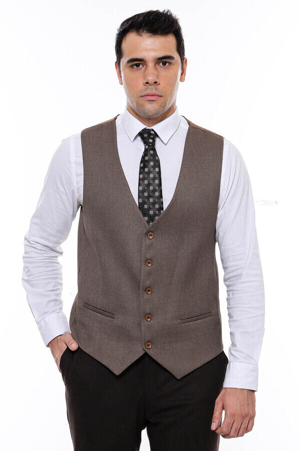 WSS V Neck Patterned Brown Vest  - Singen