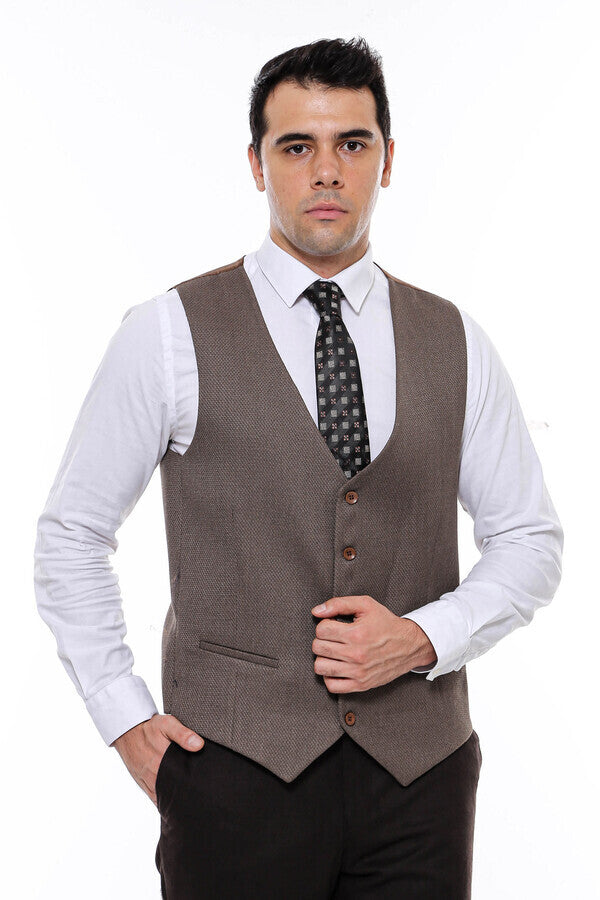 WSS V Neck Patterned Brown Vest  - Singen