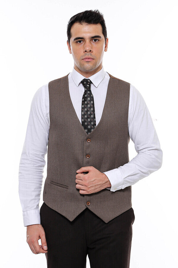 WSS V Neck Patterned Brown Vest  - Singen