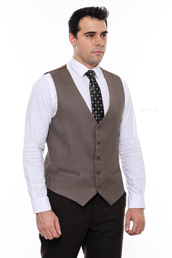 WSS V Neck Patterned Brown Vest  - Singen