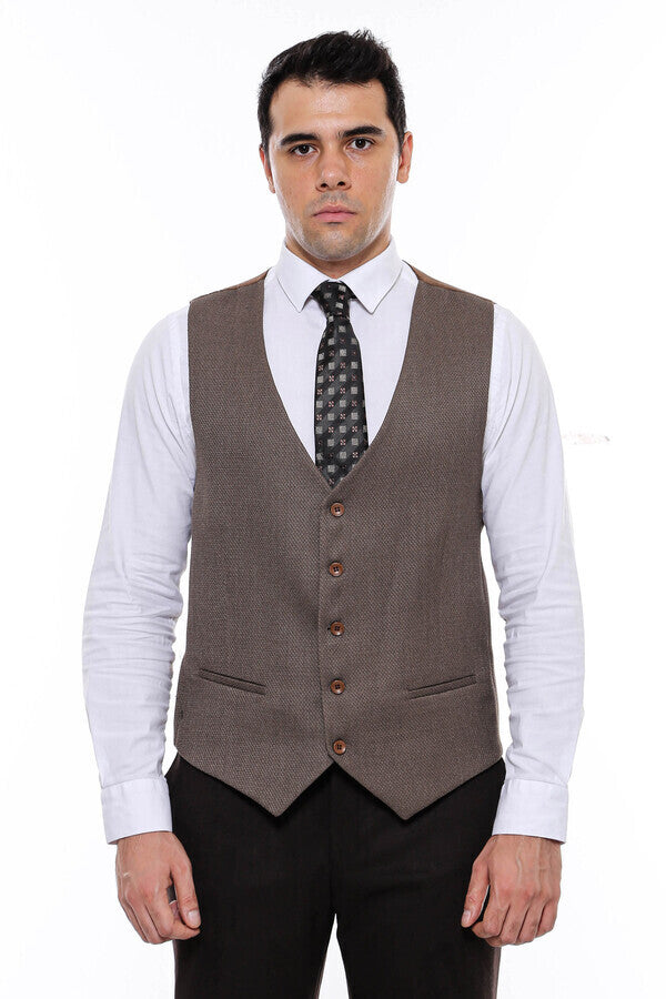 WSS V Neck Patterned Brown Vest  - Singen