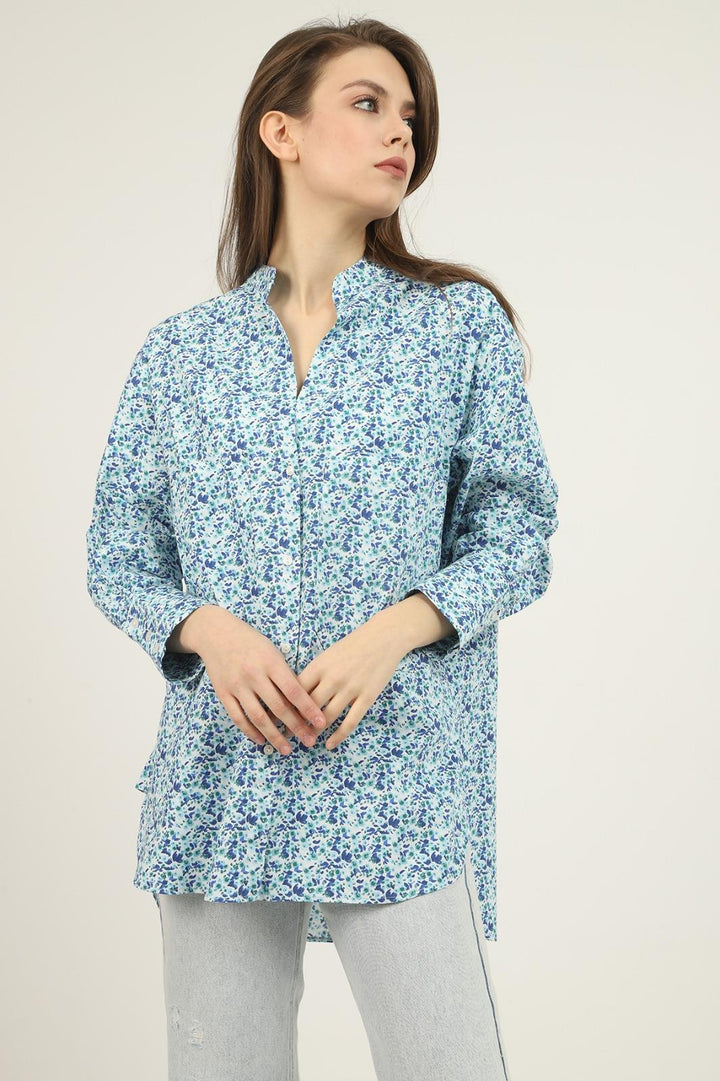 ELS V-Neck Patterned Shirt - Blue - Nichelino