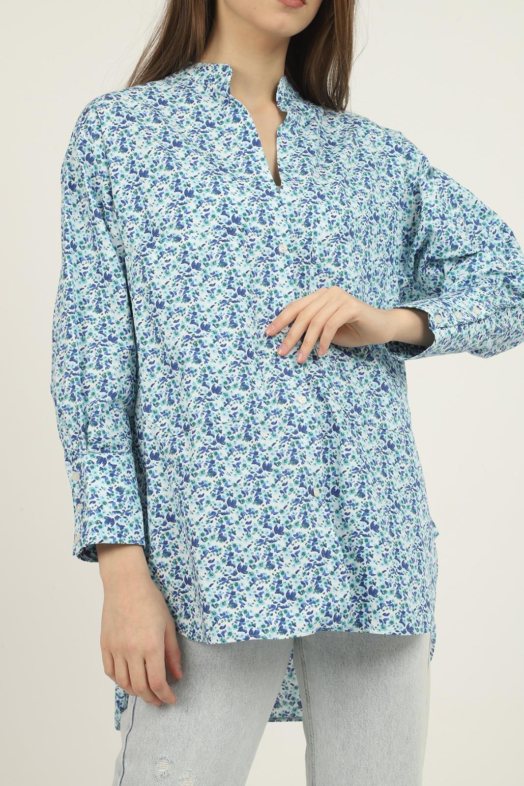 ELS V-Neck Patterned Shirt - Blue - Nichelino