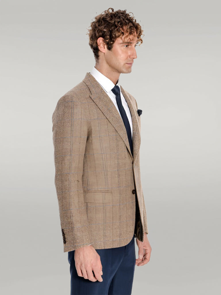 WSS Herringbone Slim Fit Wool Tan Men Blazer  - Singen