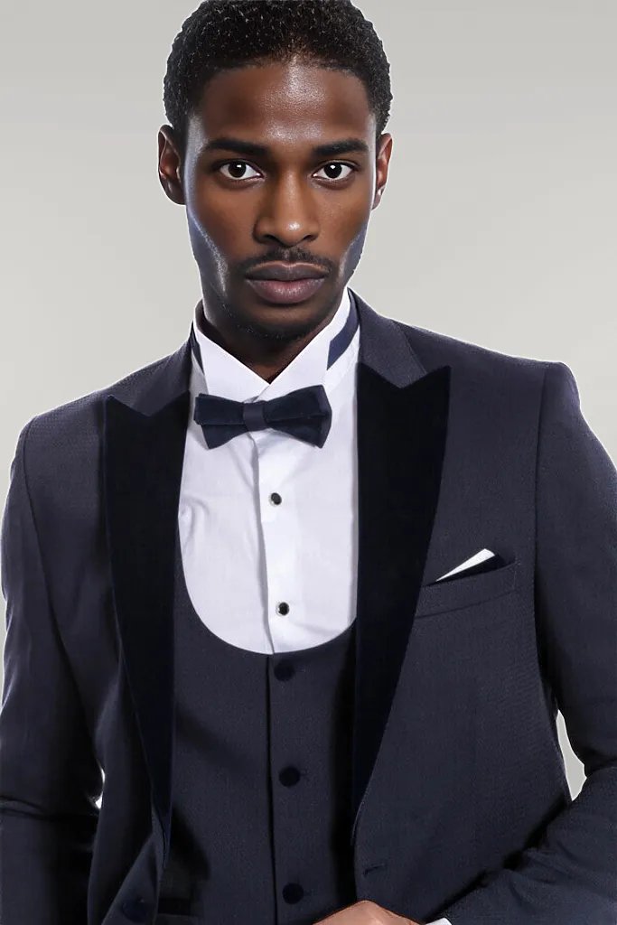 WSS Velvet Lapel Slim Fit Navy Blue Men Tuxedo  - Singen