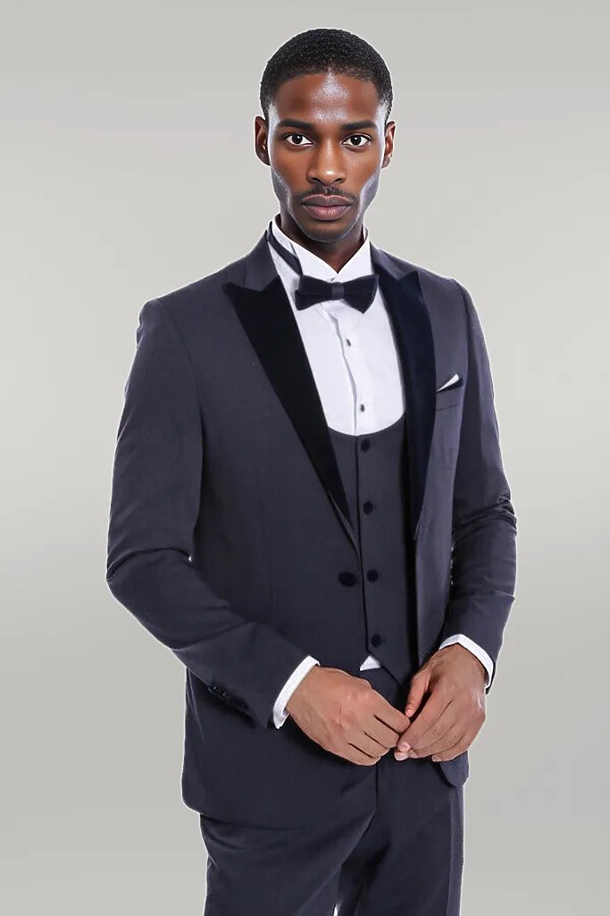 WSS Velvet Lapel Slim Fit Navy Blue Men Tuxedo  - Singen