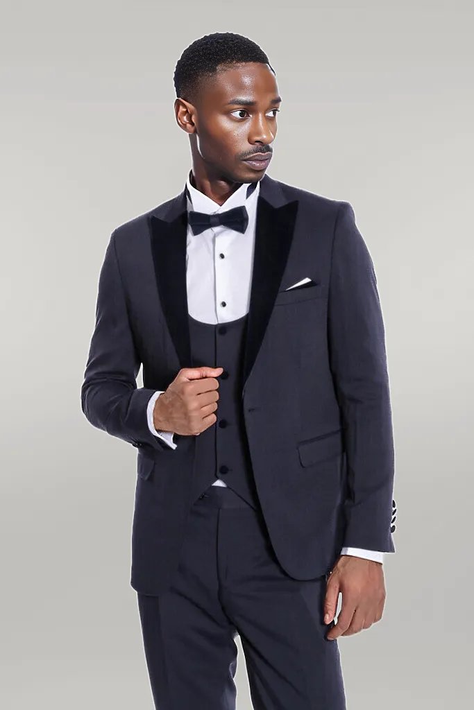 WSS Velvet Lapel Slim Fit Navy Blue Men Tuxedo  - Singen