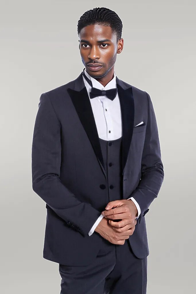 WSS Velvet Lapel Slim Fit Navy Blue Men Tuxedo  - Singen