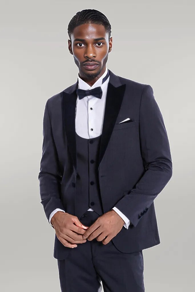 WSS Velvet Lapel Slim Fit Navy Blue Men Tuxedo  - Singen