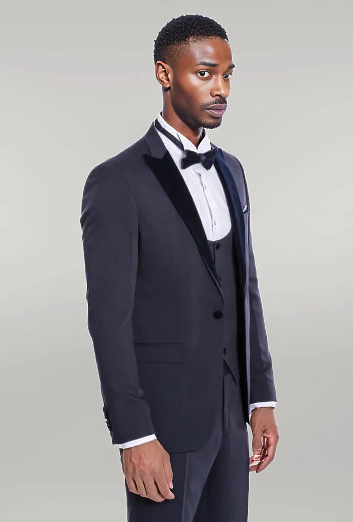 WSS Velvet Lapel Slim Fit Navy Blue Men Tuxedo  - Singen