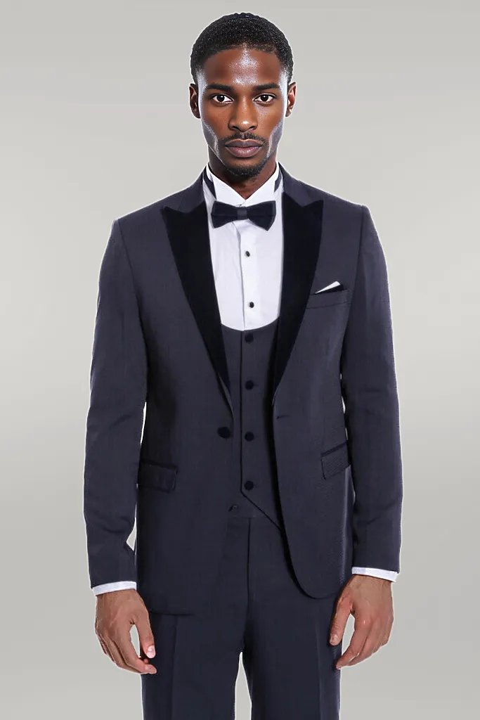 WSS Velvet Lapel Slim Fit Navy Blue Men Tuxedo  - Singen