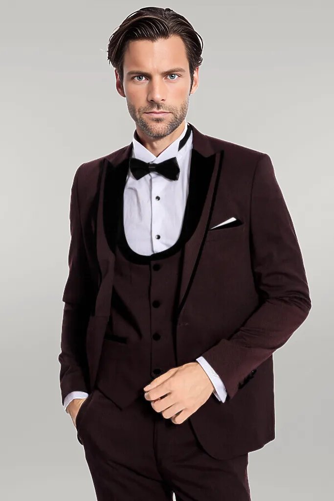 WSS Velvet Lapel Vested Patterned Burgundy Men Tuxedo  - Singen